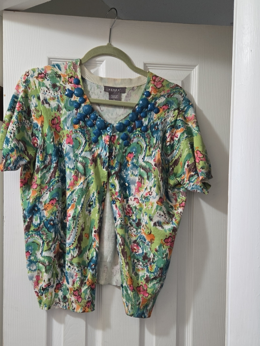 Kenar Multicolor Floral Knit Short-Sleeve Cardigan with Blue Bead Neckline